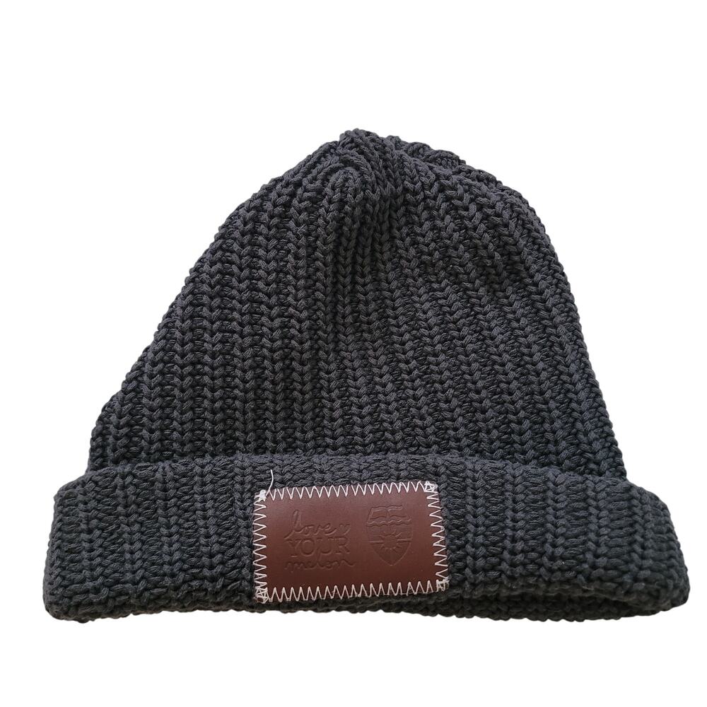 Love Your Melon Size OS Beanie Women Charcoal Gray Cuffed Leather Patch Knit